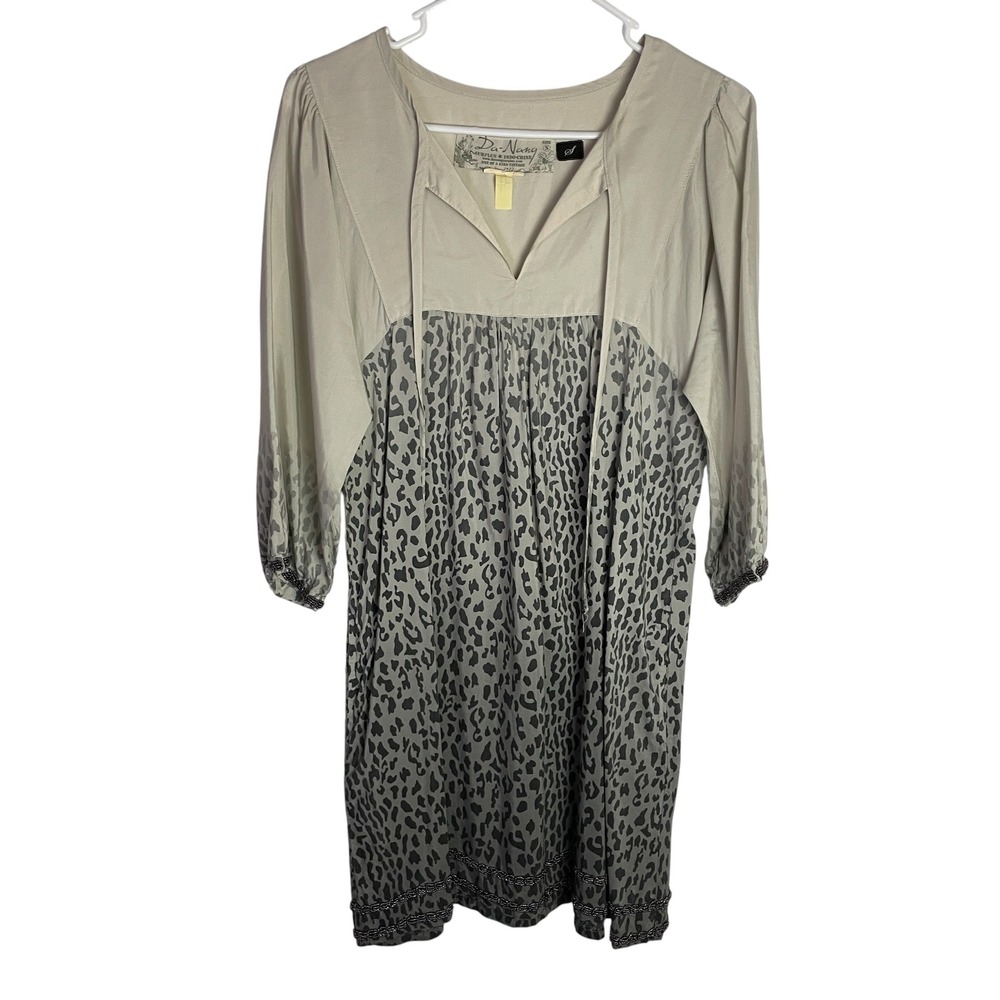 Da-Nang Womens Leopard Print Tunic Dress Size S Grey Beaded Boho Pocket